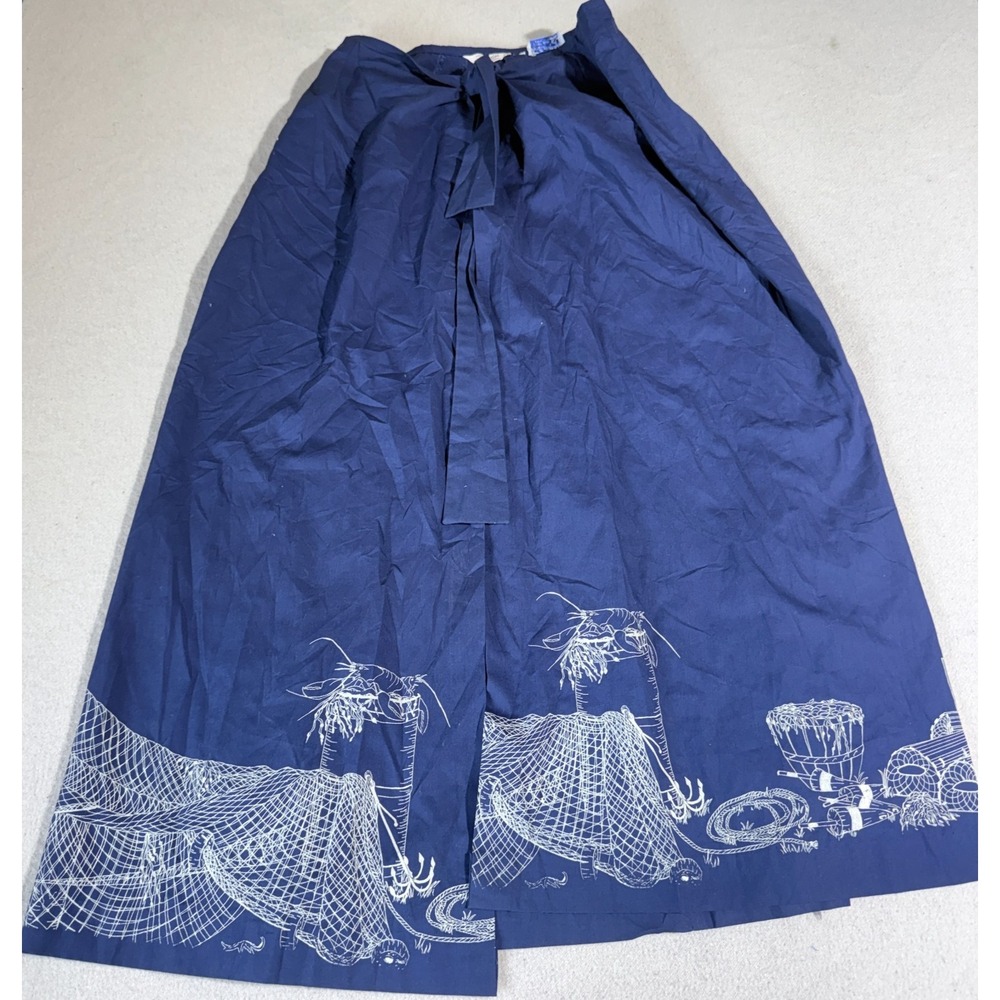 Vintage 70s Flamstead of Vermont Hawaiian Wrap Skirt Blue Cotton Boho Midi 10